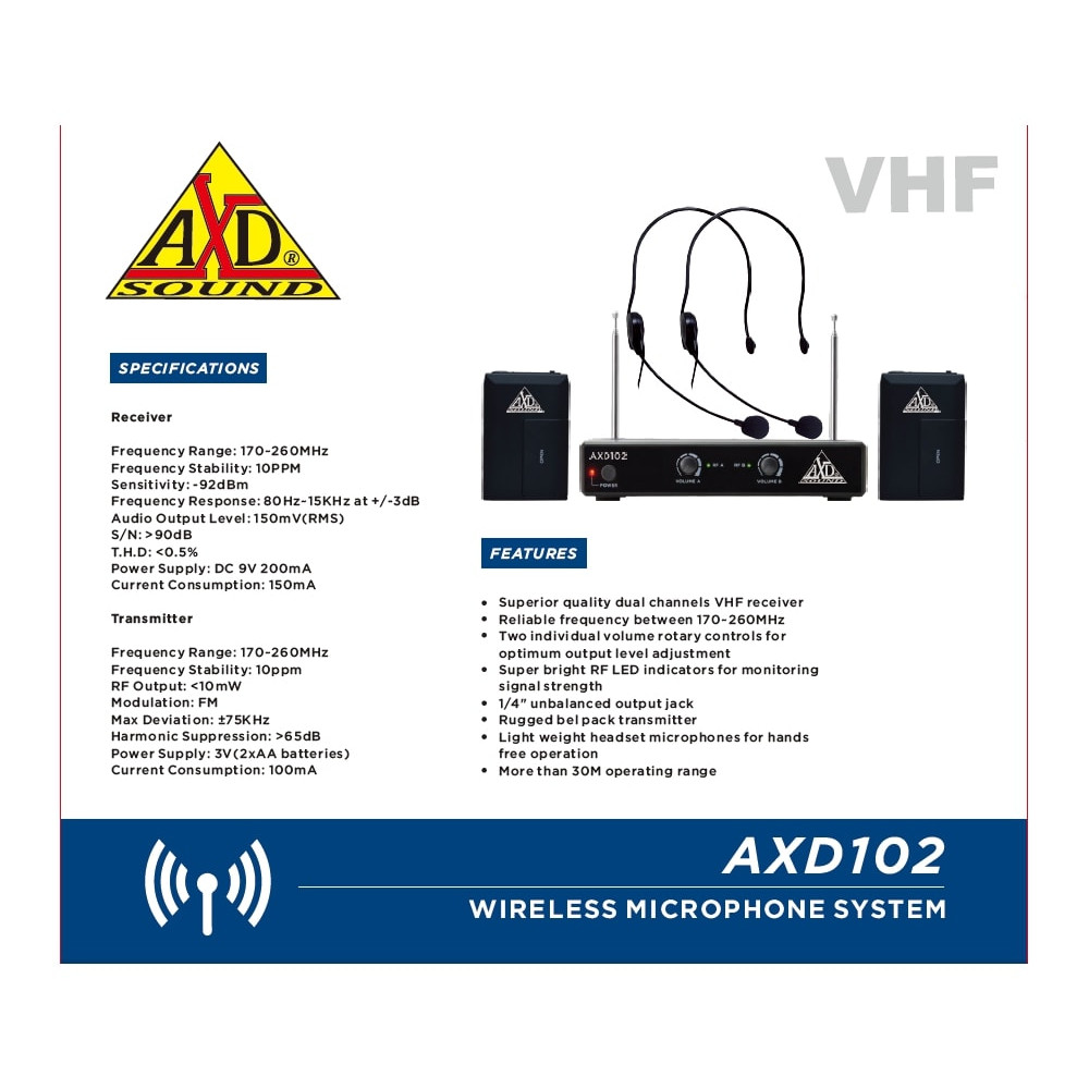 Ασύρματο Μικροφωνικό σύστημα VHF με 2 χειλόφωνα - AXD-102 