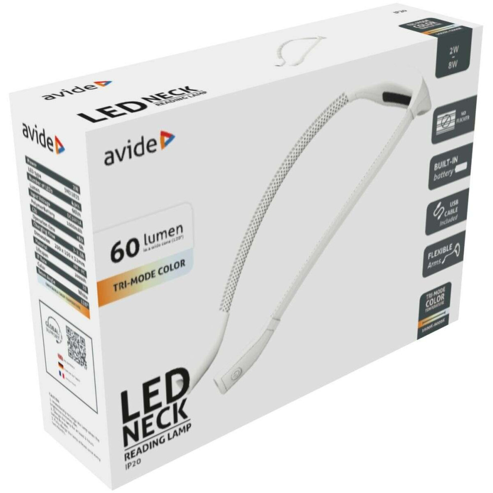 Avide LED Φακός Λαιμού Για Διάβασμα Βιβλίου 2W (Λευκό)