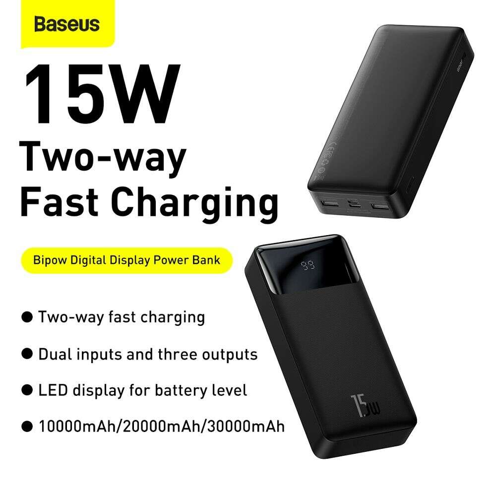 Baseus Bipow Digital Display Power Bank 20000mAh 15W με 2 Θύρες USB-A και Θύρα USB-C (Μαύρο)