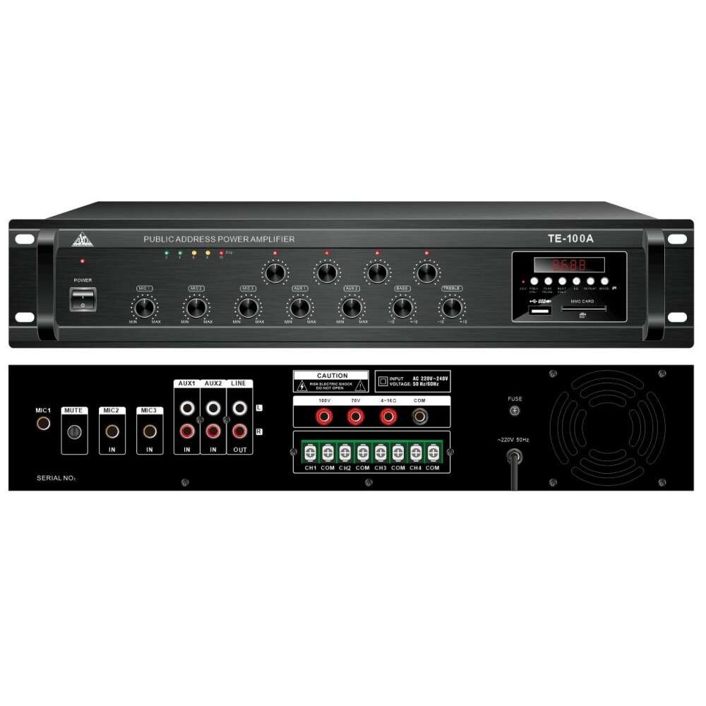 Ενισχυτής 4 ζωνών Public address με FM, Bluetooth, USB, SD 100V 100W AXD-SOUND TE-100A