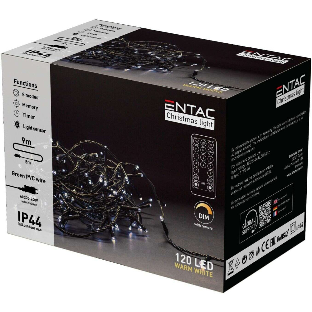 Entac Χριστουγεννιάτικα Λαμπάκια IP44 120 LED Θερμό 9m Με Τηλεχειριστήριο