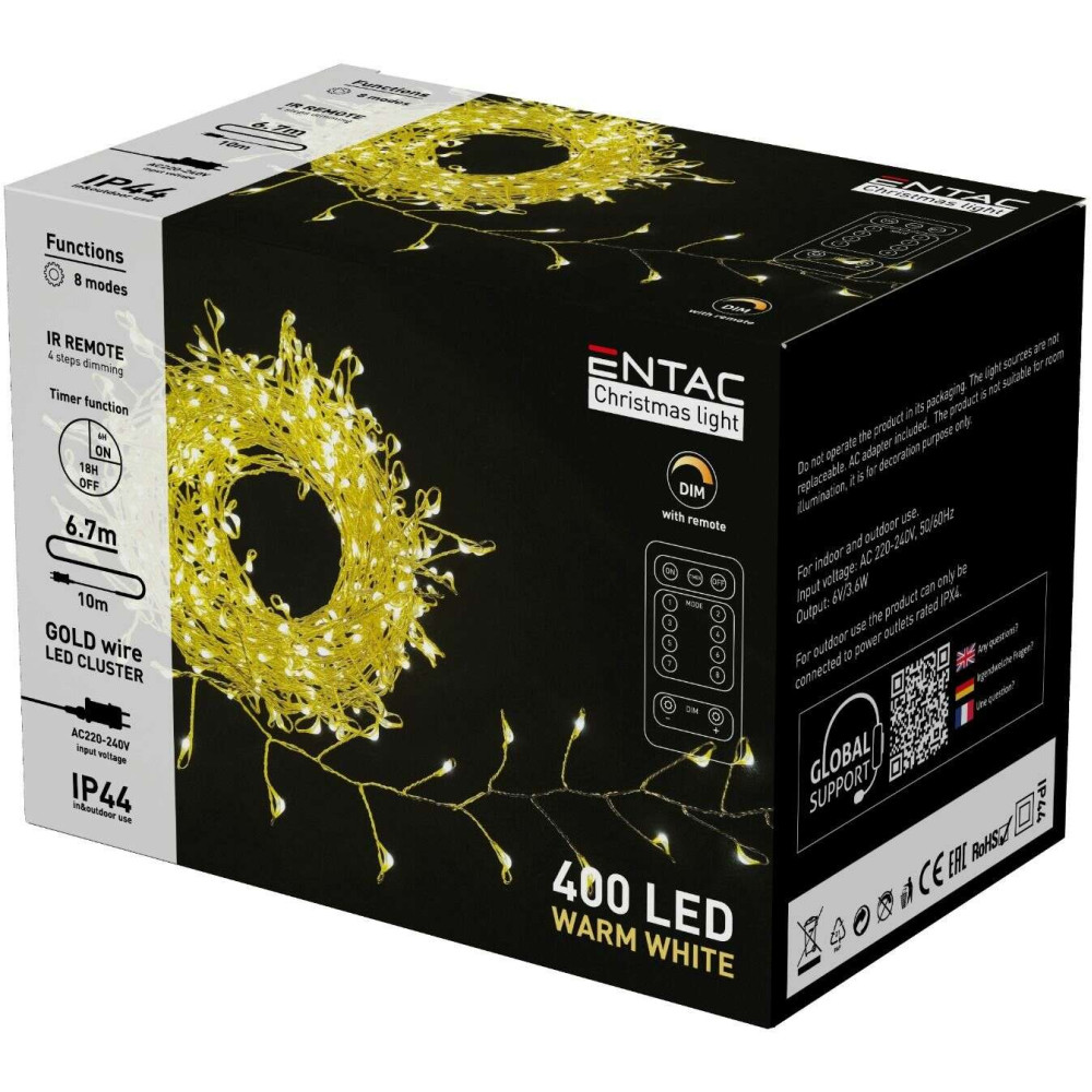 Entac Λαμπάκια Ψείρες IP44 400 LED με Χρυσό Καλώδιο Θερμό Λευκό 6.7mm