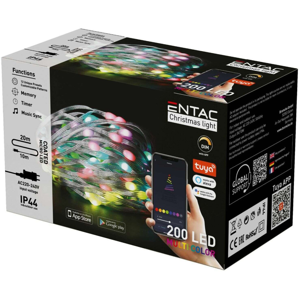 Entac Χριστουγεννιάτικα Λαμπάκια IP44 200 LED Σύρμα Πολύχρωμα Tuya APP 20m