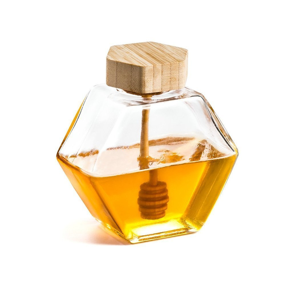  Εξάγωνο Βάζο για μέλι με Ξύλινο κουτάλι