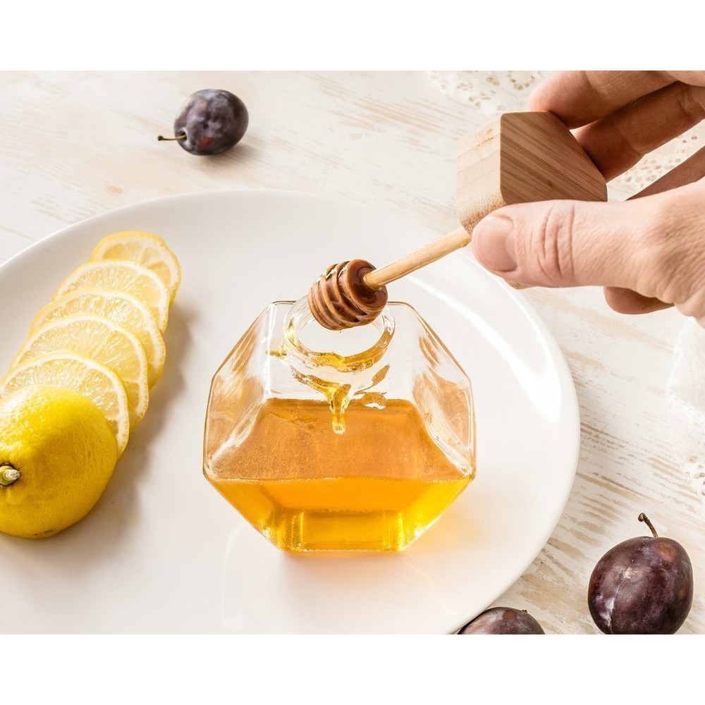  Εξάγωνο Βάζο για μέλι με Ξύλινο κουτάλι