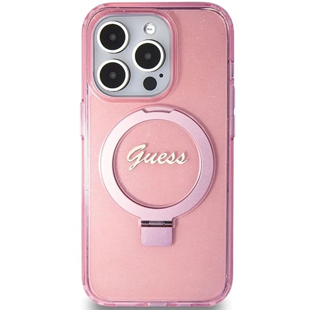 Guess Ring Stand Glitter MagSafe Θήκη Backcover για Apple iPhone 15 Pro (Ροζ)
