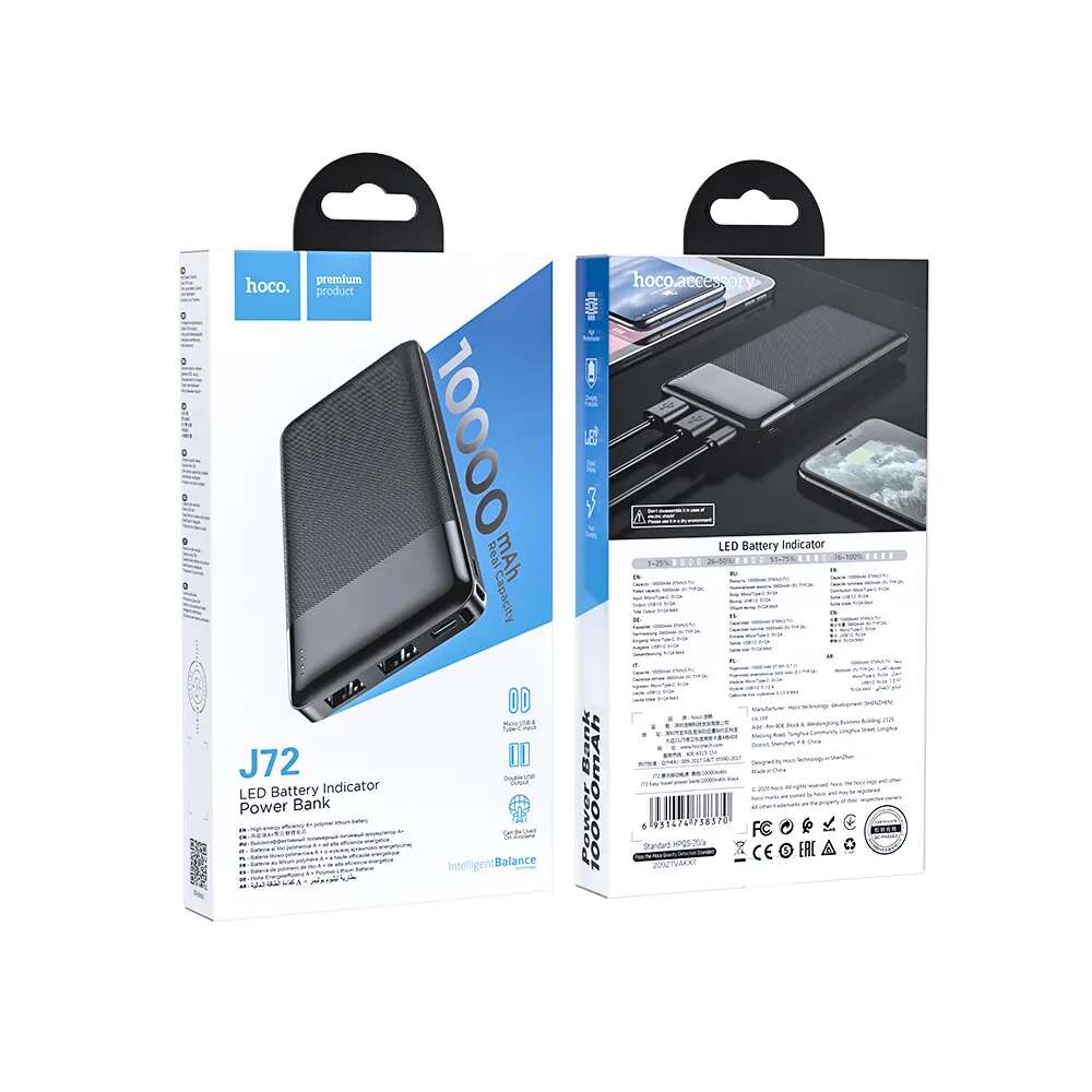 Hoco J72 Power Bank 10000mAh 10W με 2 Θύρες USB-A (Μαύρο)