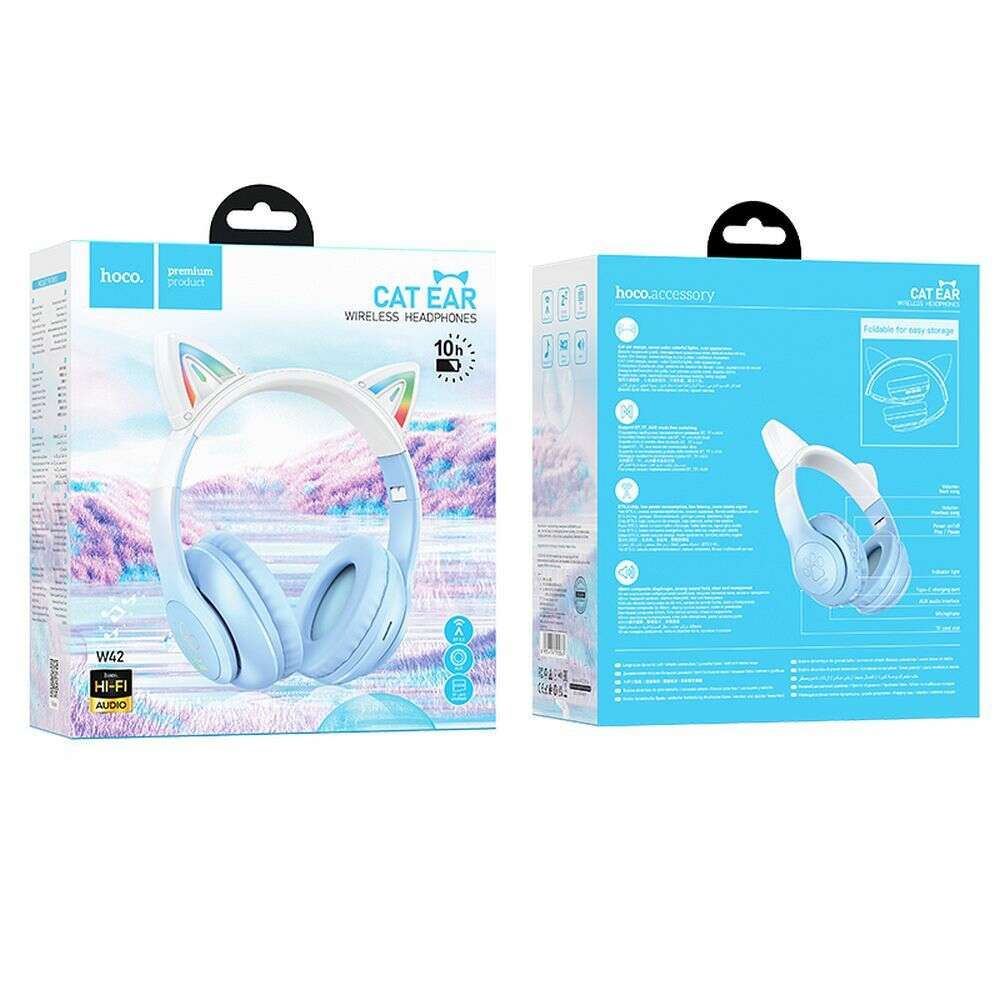 Hoco W42 Cat Ears Bluetooth Ασύρματα/Ενσύρματα Over Ear Ακουστικά, TF, AUX (Crystal Blue)