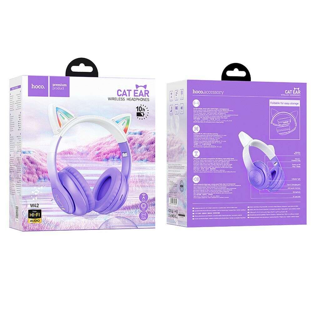 Hoco W42 Cat Ears Bluetooth Ασύρματα/Ενσύρματα Over Ear Ακουστικά, TF, AUX (Purple Grape)