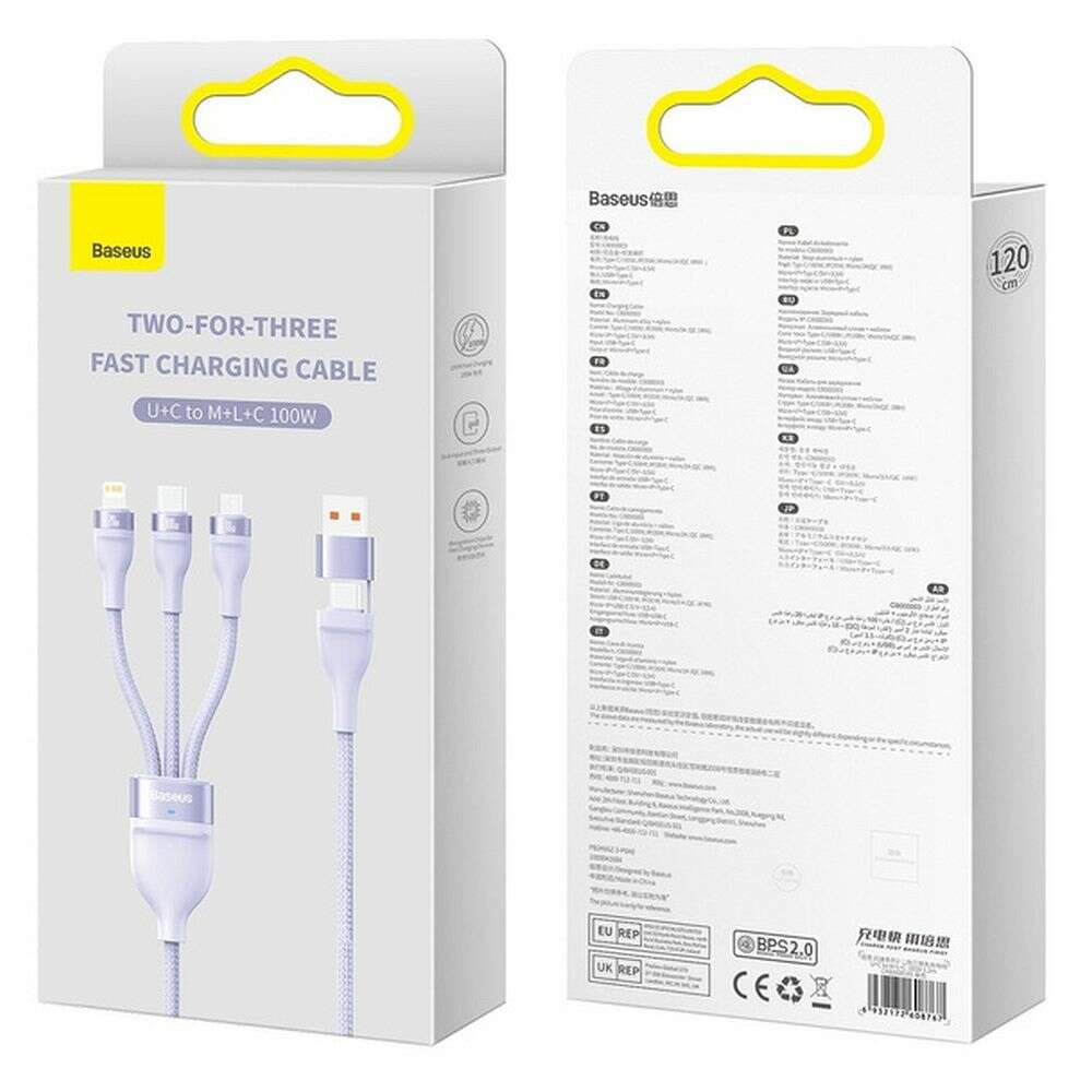 Καλώδιο Baseus CASS030105 Flash Series II Braided USB/Type-C σε Type-C / Lightning / micro USB 1.2m (Μωβ)