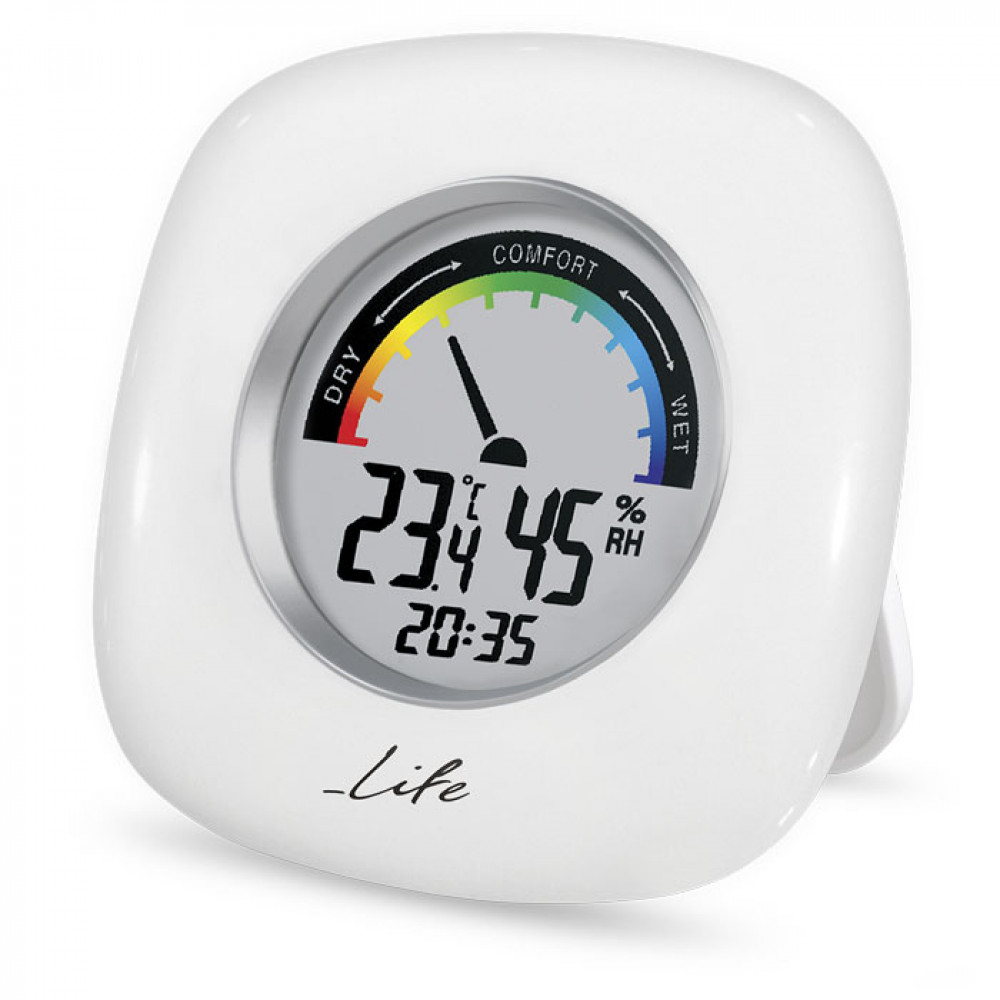 Life Ιround Λευκό Ψηφιακό Θερμόμετρο Υγρόμετρο Εσωτερικού Χώρου με Ρολόι και Έγχρωμη Απεικόνιση Επιπέδου Υγρασίας