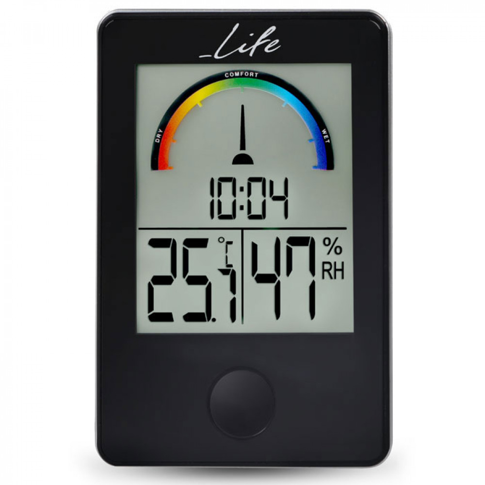 Life iTemp Μαύρο Ψηφιακό Θερμόμετρο Υγρόμετρο Εσωτερικού Χώρου με Ρολόι και Έγχρωμη Απεικόνιση Επιπέδων Υγρασίας