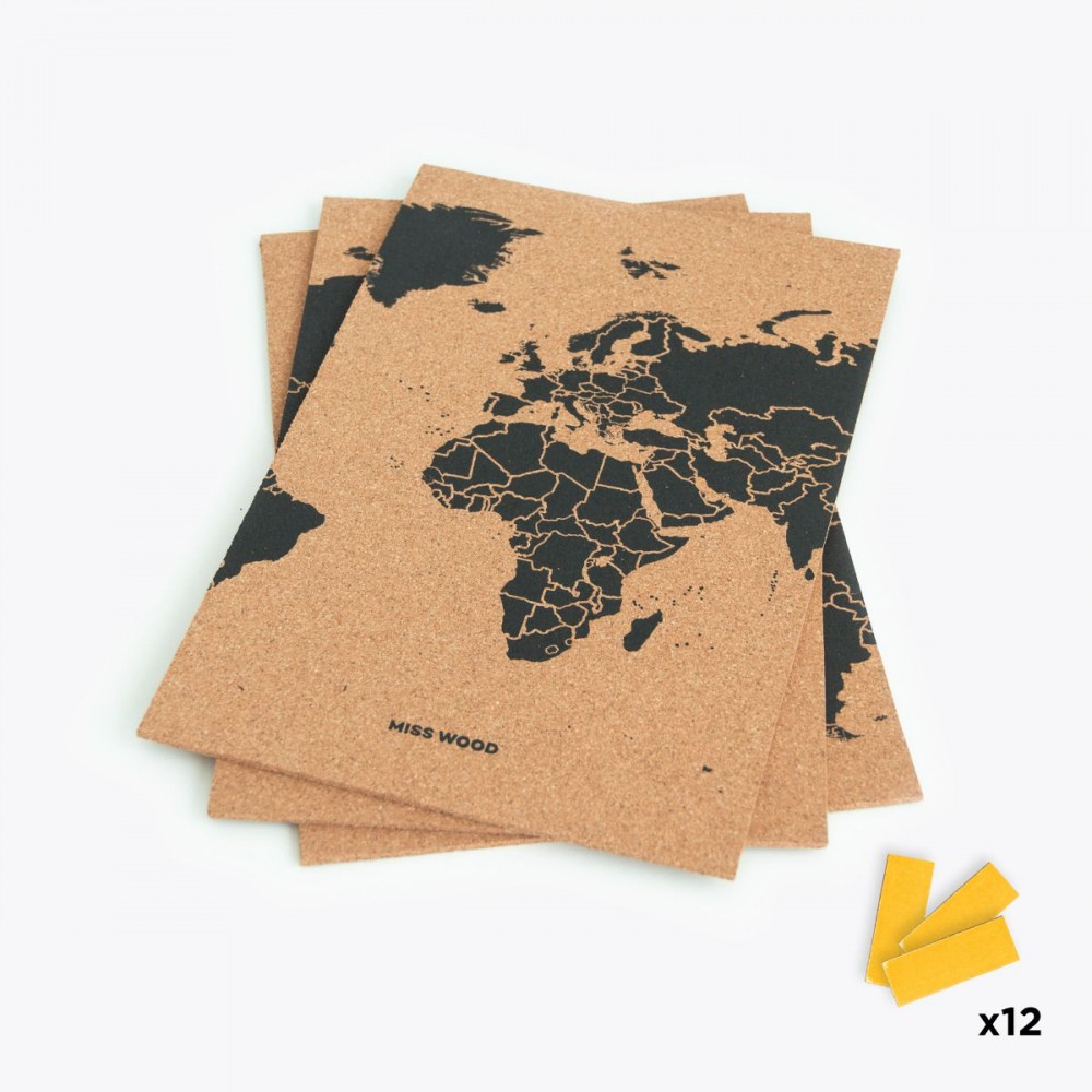 Παγκόσμιος Χάρτης από Φελλό M Miss Wood (60x30cm) 3 κομμάτια - Μαύρο