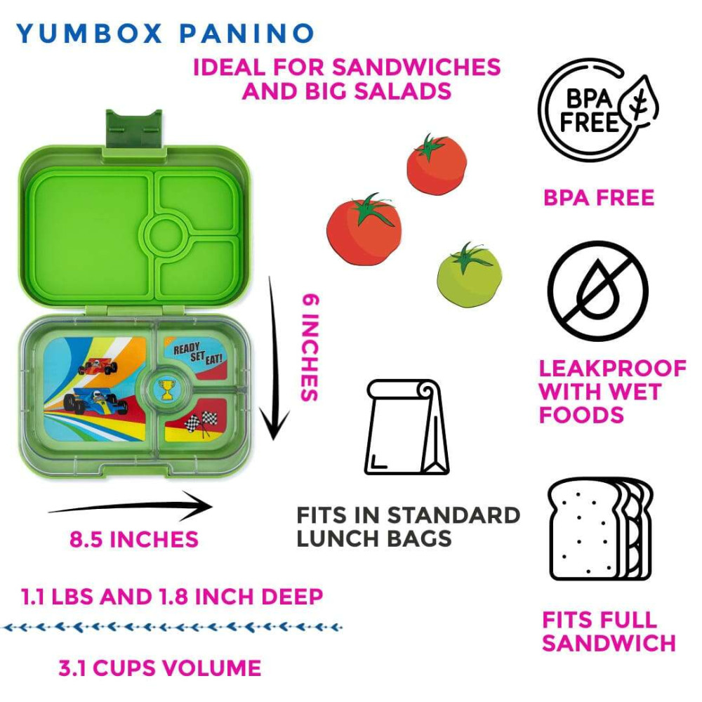 Yumbox Panino Φαγητοδοχείο με 4 χωρίσματα (Matcha Green - Race Cars)