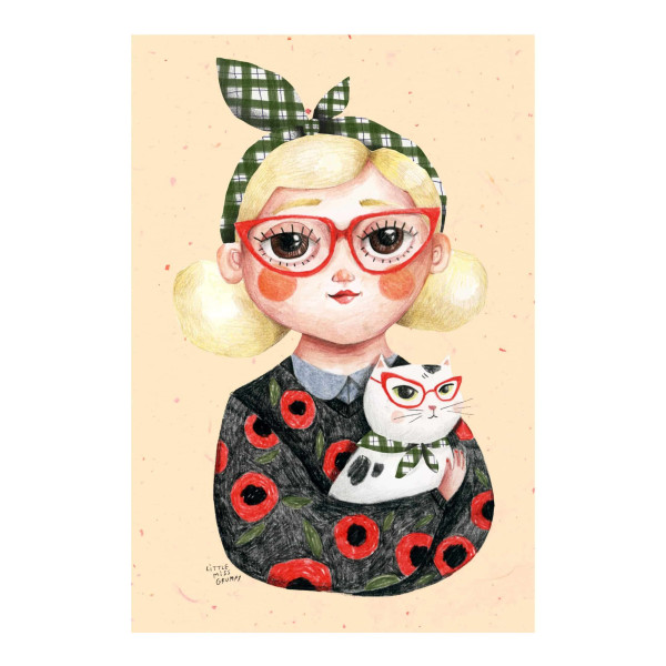 Little Miss Grumpy Hugging a cat (10 x 15 cm)