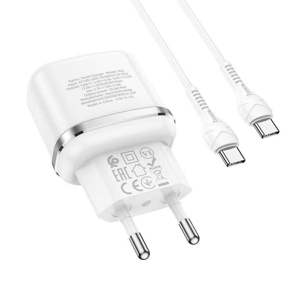 Hoco Φορτιστής Victorious N24 με καλώδιο Type-C σε Type-C PD  QC3.0 20W (Λευκ΄ο)