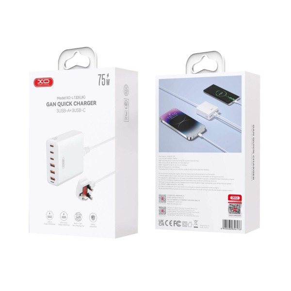 XO L133(EU)  Φορτιστ΄ής 75W GaN 3A+3C Desktop Fast Charger με 1.5M Power Cord (Λευκό)