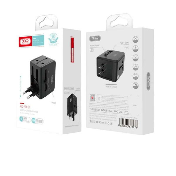 XO WL01 Αντάπτορας ταξιδιού UK / EU / US  με 2 θύρες USB (Μαύρο)