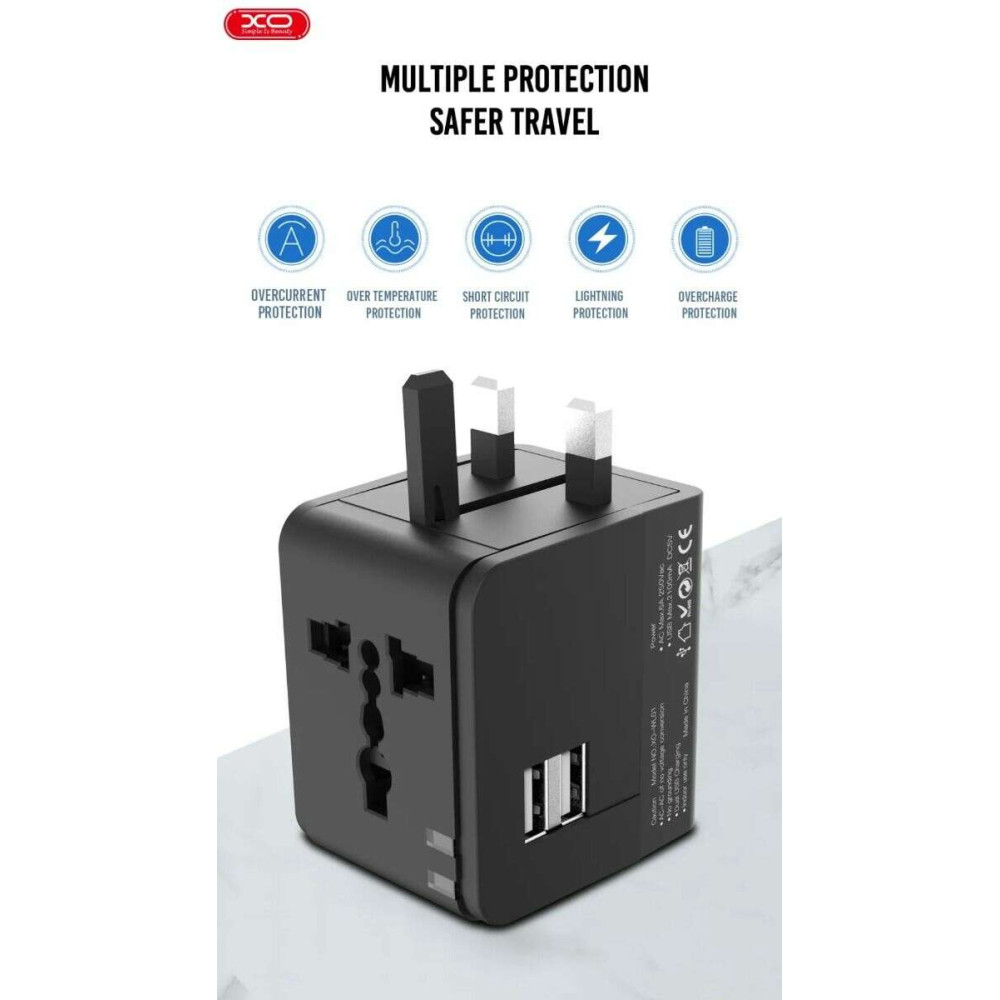 XO WL01 Αντάπτορας ταξιδιού UK / EU / US  με 2 θύρες USB (Μαύρο)