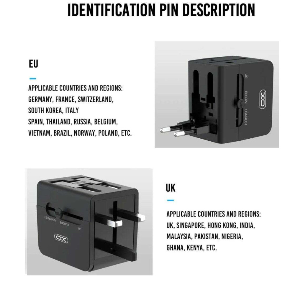 XO WL01 Αντάπτορας ταξιδιού UK / EU / US  με 2 θύρες USB (Μαύρο)