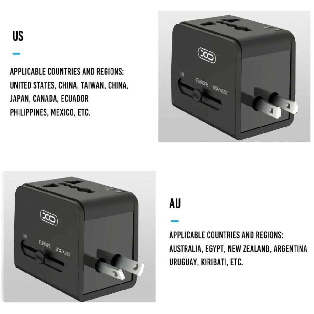 XO WL01 Αντάπτορας ταξιδιού UK / EU / US  με 2 θύρες USB (Μαύρο)