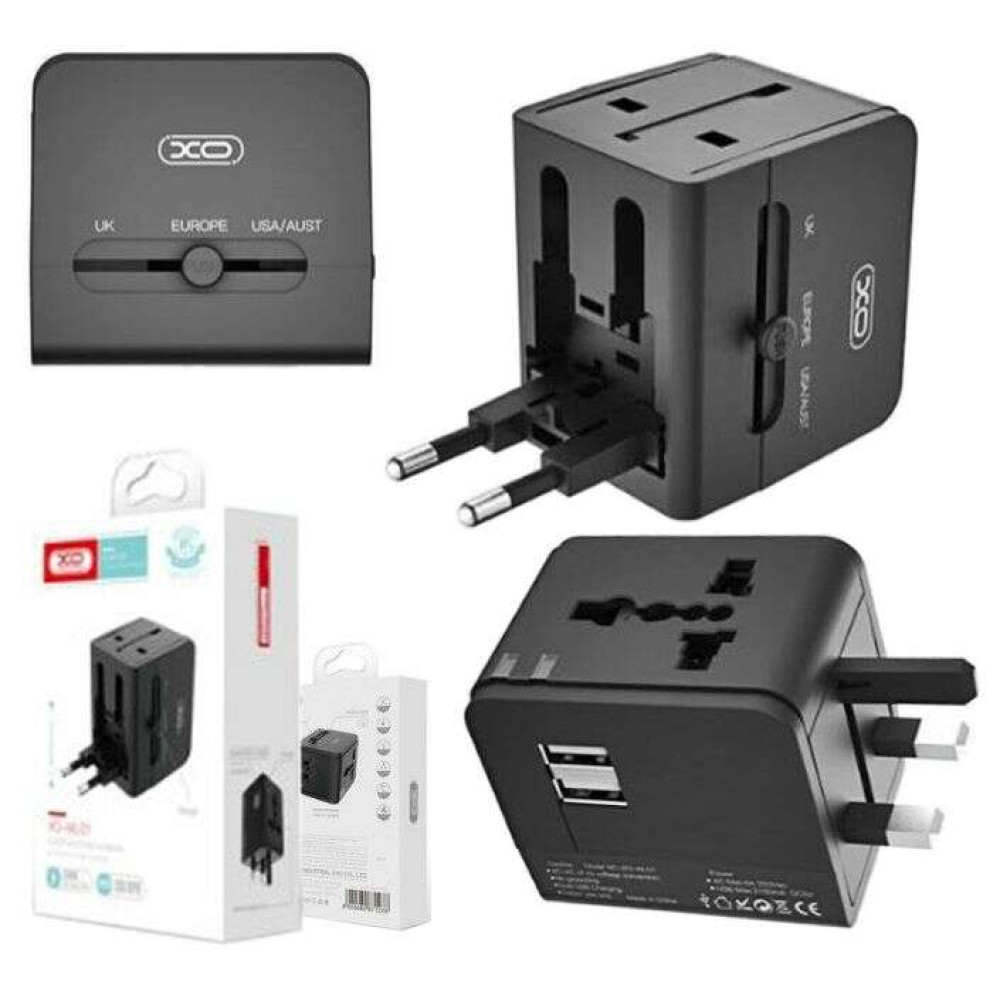 XO WL01 Αντάπτορας ταξιδιού UK / EU / US  με 2 θύρες USB (Μαύρο)