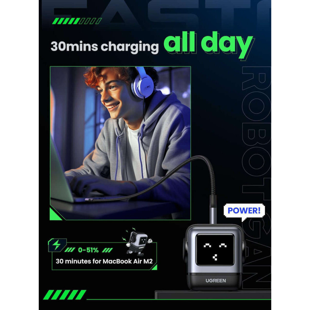 Ugreen CD361/25685B Nexode RG φορτιστής GaN 65W PDx2+QC4.0 (Grey)