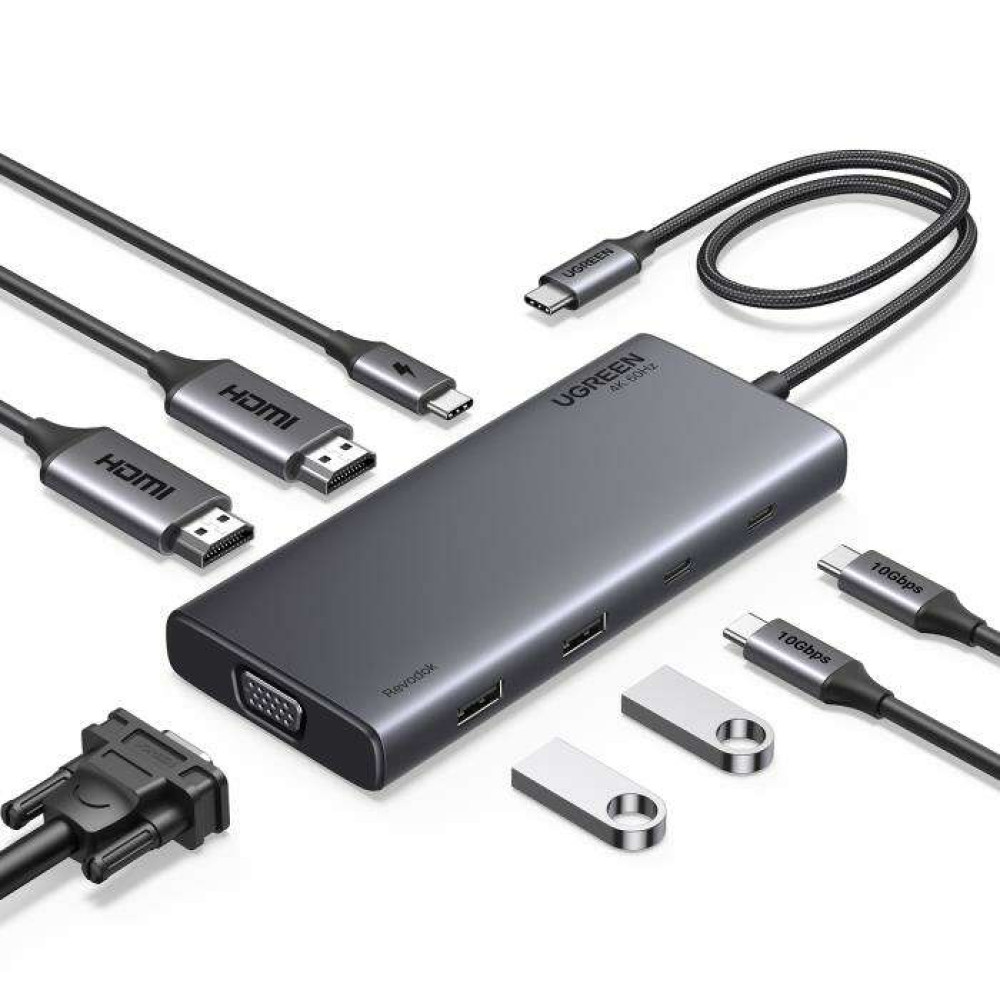 Ugreen CM639/35588 Type-C Hub 8 in1 σε  2xUSB3.2+2xUSB-C3.2+2xHDMI+1xVGA+PD (Γκρι)