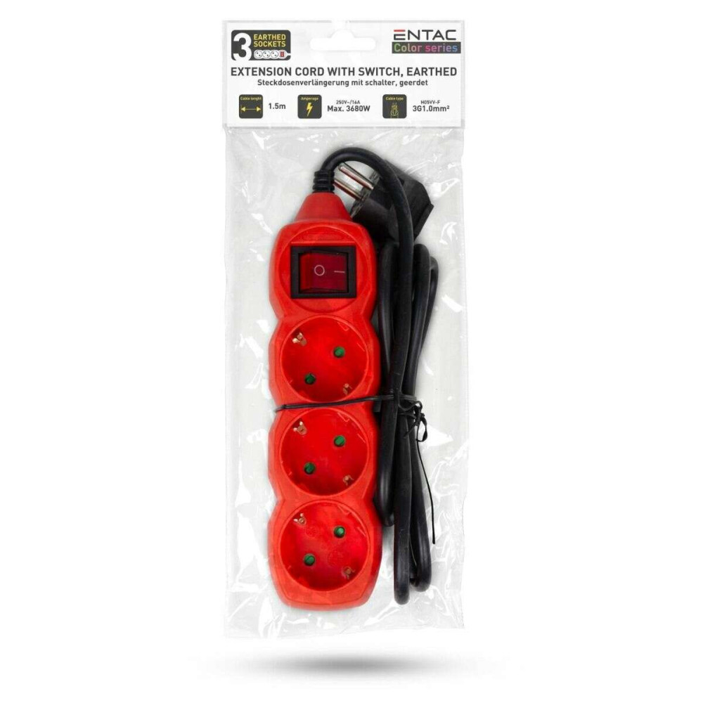 Entac Πολύπριζο 3 Θέσεων Με Διακόπτη 3x1.0mm 1.5m (Κόκκινο)