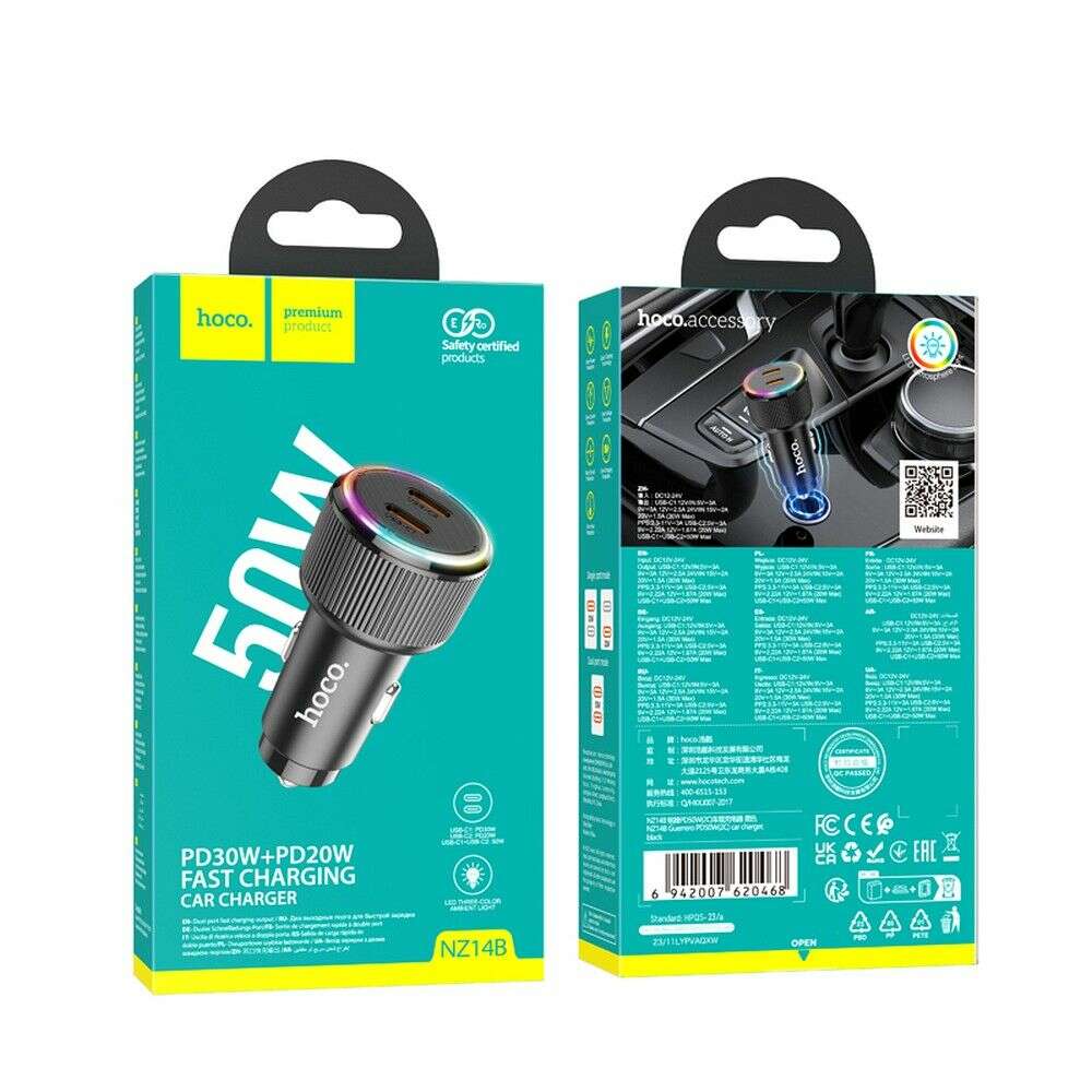 Hoco NZ14B Φορτιστής αυτοκινήτου 2 x Type-C QC PD 50W (Μαύρο)