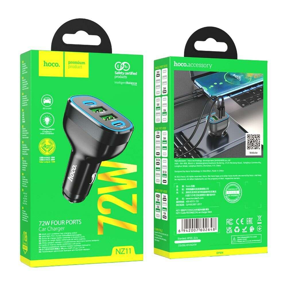 Hoco NZ11 Φορτιστής αυτοκινήτου 2 x USB A + 2 x Type-C PD QC 72W (Μαύρο)