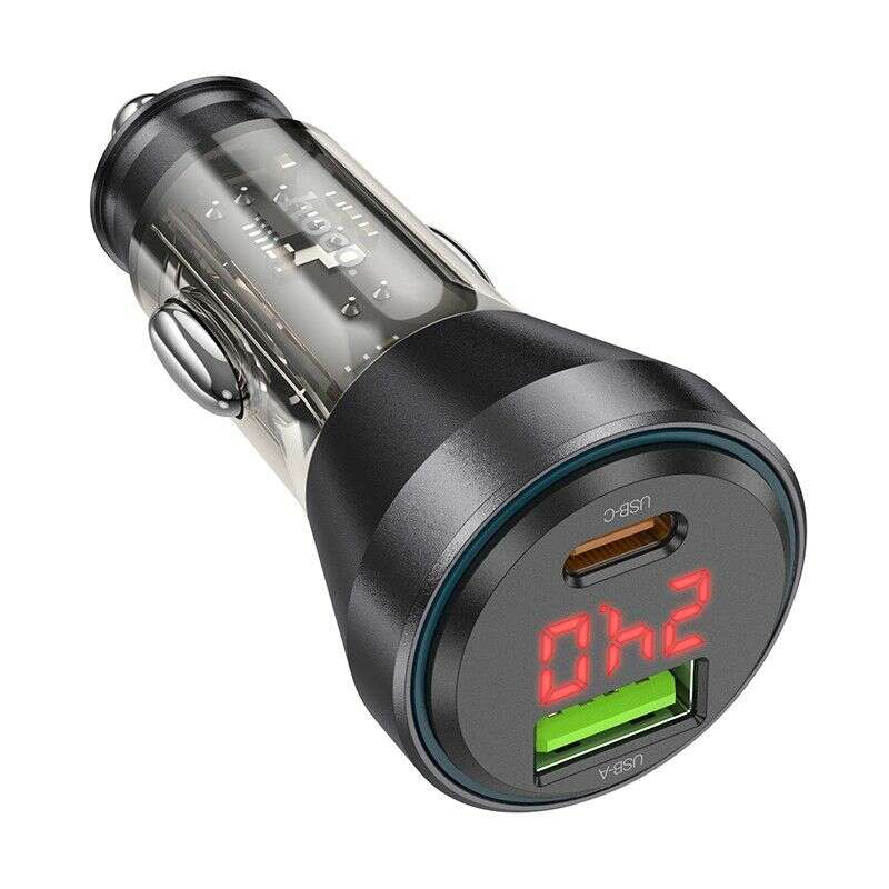 Hoco NZ12B Φορτιστής αυτοκινήτου USB A + Type-C με οθόνη + καλώδιο Type-C σε Lightning PD QC3.0 3A 48W (Μαύρο)