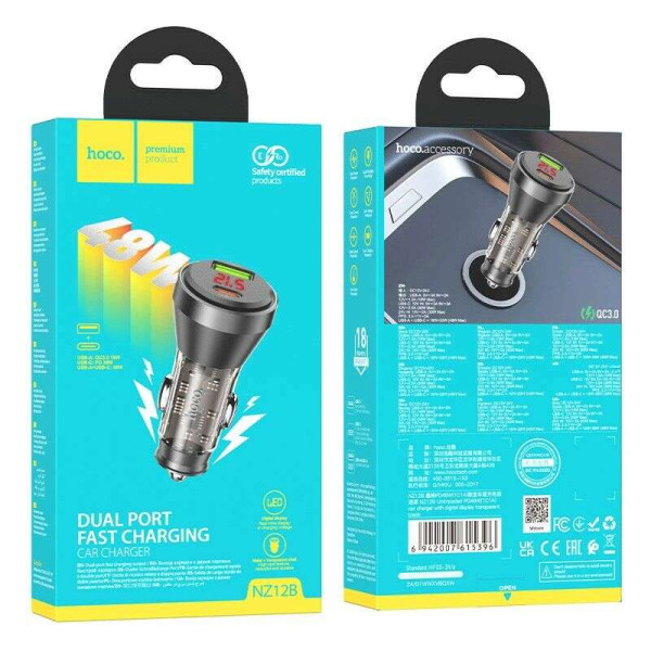 Hoco NZ12B Φορτιστής αυτοκινήτου USB A + Type-C με οθόνη + καλώδιο Type-C σε Lightning PD QC3.0 3A 48W (Μαύρο)