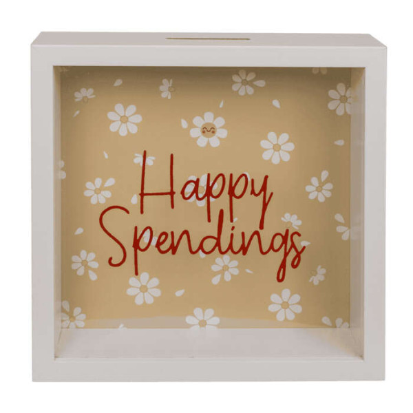 Κουμπαράς Ξύλινος Happy Spendings (20 x 20 x 5 εκ)