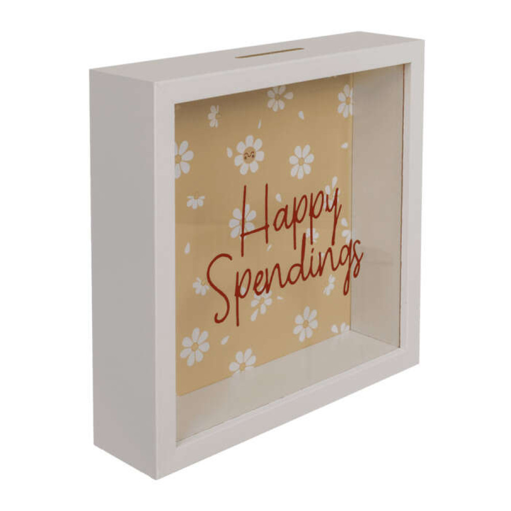 Κουμπαράς Ξύλινος Happy Spendings (20 x 20 x 5 εκ)