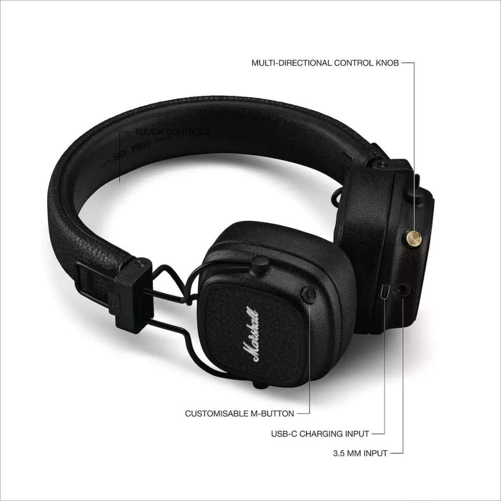 Marshall Major V Wireless on-ear headphones με 100+ ώρες playtime (Black)