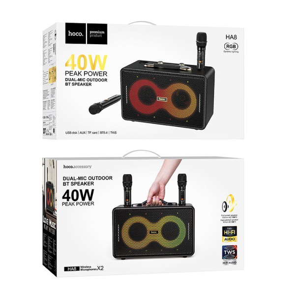 Hoco HA8 Karaoke Dual-Mic LED Φορητό Ηχείο Bluetooth με 2 μικρόφωνα (Μαύρο) 