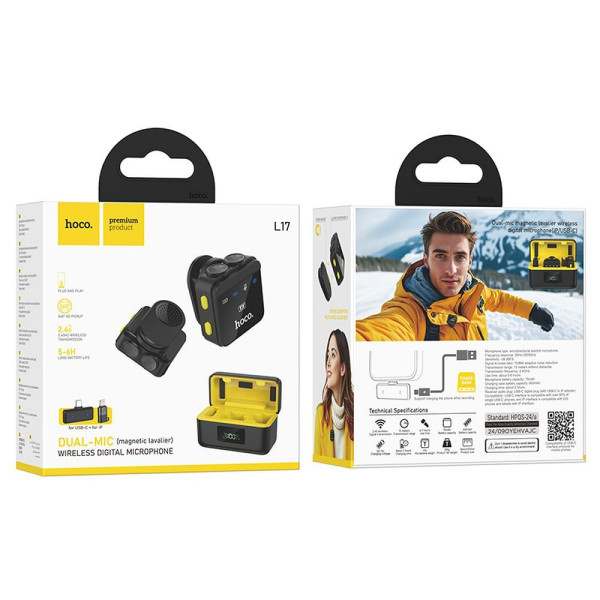 Hoco L17 Dual Mic (magnetic Lavalier) Ασύρματο Μικρόφωνο Πέτου Lightning / Type-C (2 in set) (Μαύρο)