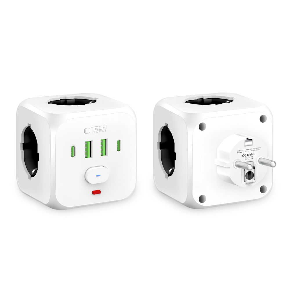 Tech-Protect PCL3X4 Πολύπριζο 3 Θέσεων με 2 x USB-A και 2 x USB-C 2 (Λευκό)