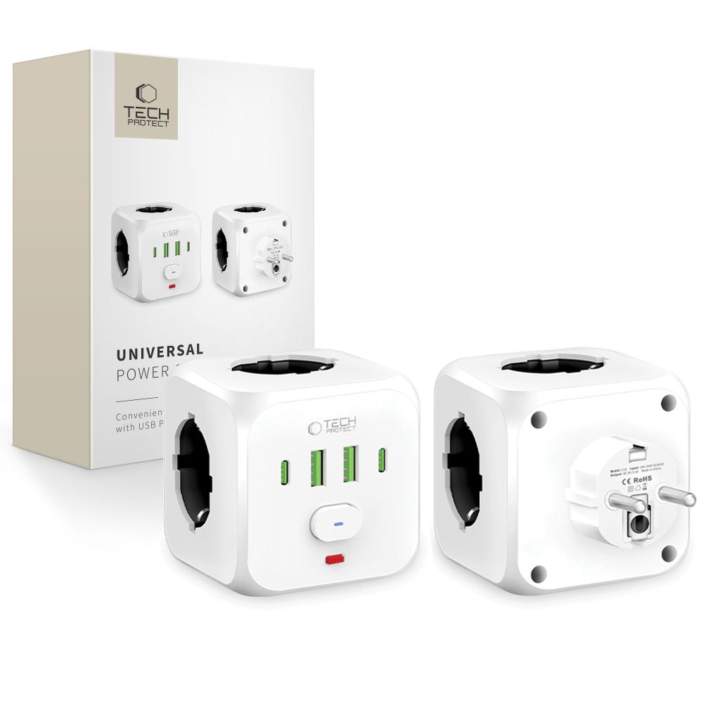 Tech-Protect PCL3X4 Πολύπριζο 3 Θέσεων με 2 x USB-A και 2 x USB-C 2 (Λευκό)