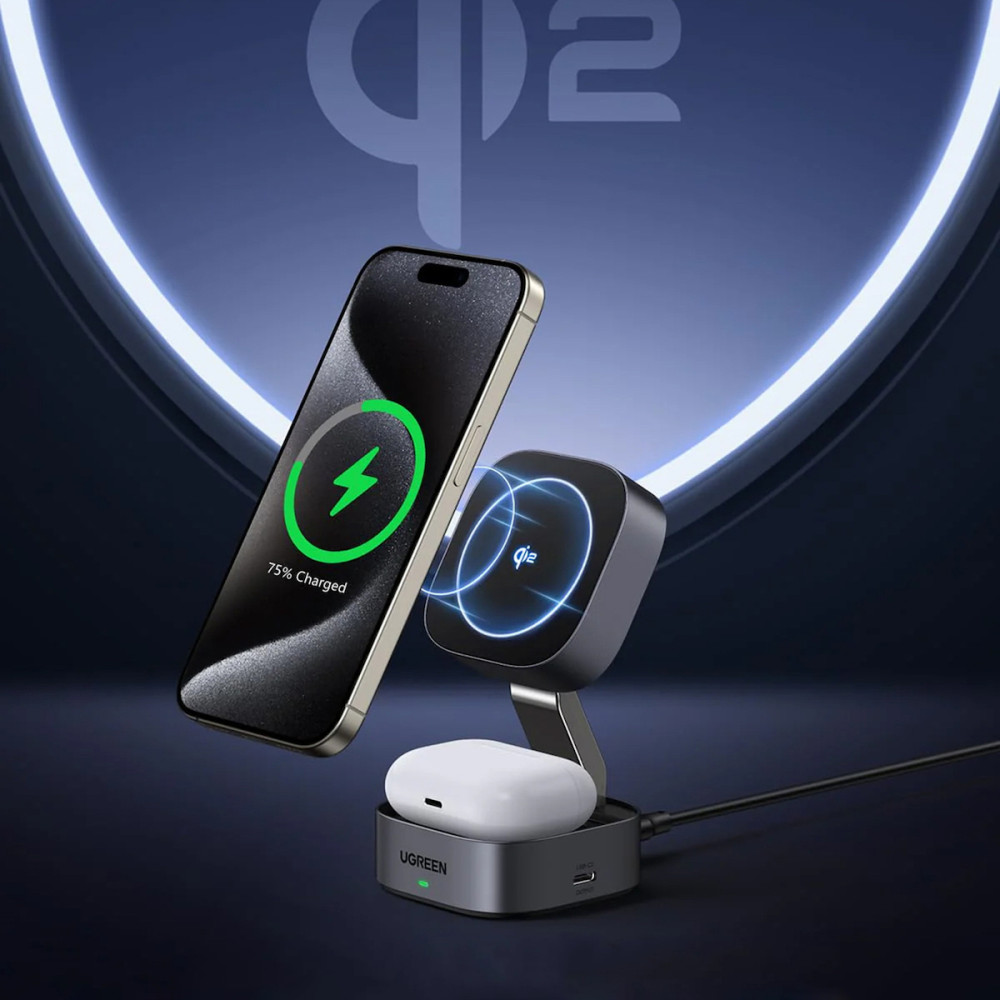 UGreen W702/35316 2-in-1 Magnetic Wireless Charger/Stand 15W Qi2 (Grey)