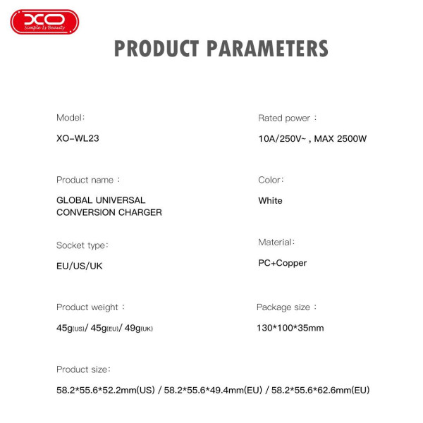 XO WL23 Αντάπτορας ταξιδιού από UK σε Πολυεθνικό Universal (Λευκό)