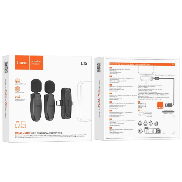Hoco L15 2 x Ασύρματο Πυκνωτικό Μικρόφωνο Πέτου Lightning / Type C (Μαύρο)