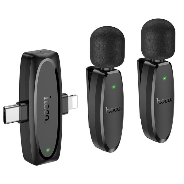 Hoco L15 2 x Ασύρματο Πυκνωτικό Μικρόφωνο Πέτου Lightning / Type C (Μαύρο)
