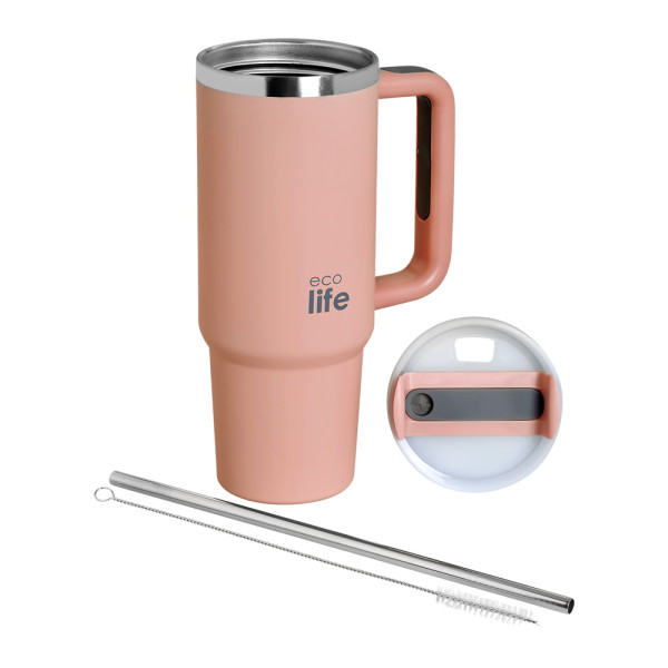 EcoLife Ανοξείδωτο Ποτήρι Θερμός με Καλαμάκι Flamingo Pink 900ml