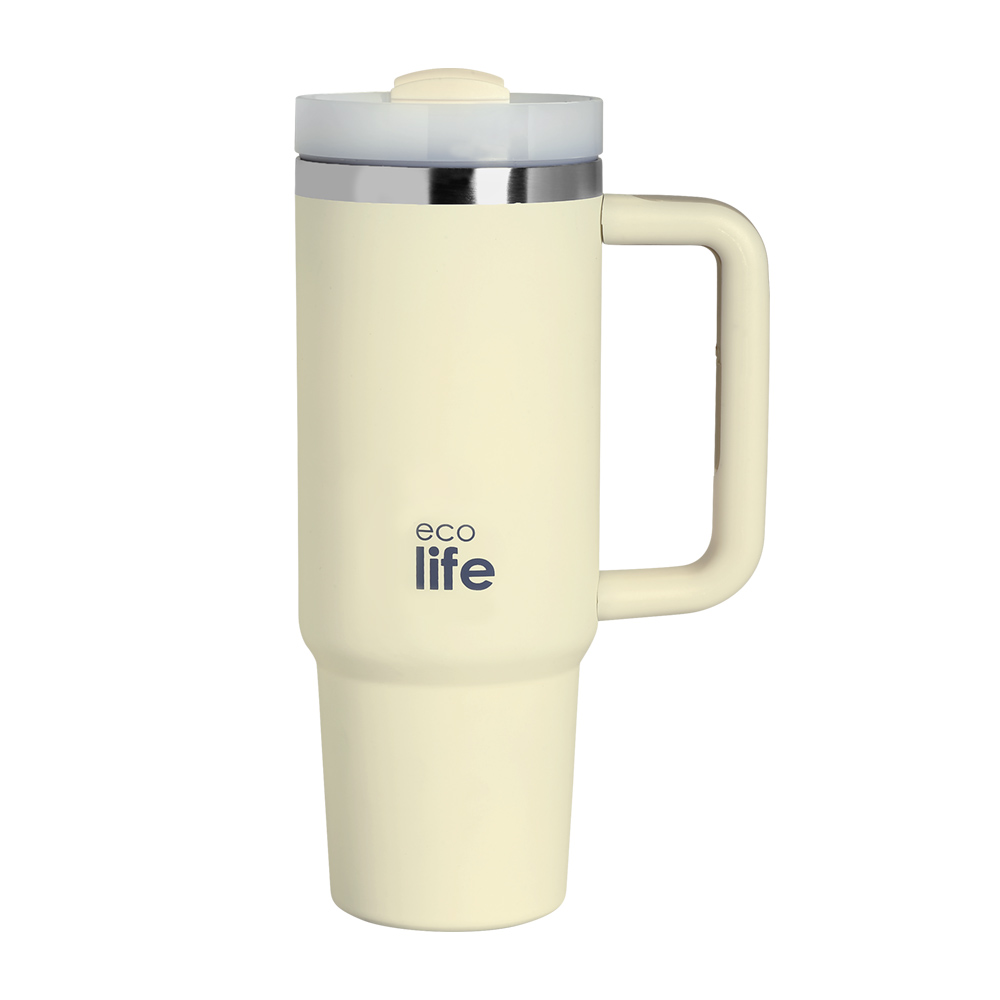 EcoLife Ανοξείδωτο Ποτήρι Θερμός με Καλαμάκι Cream 900ml