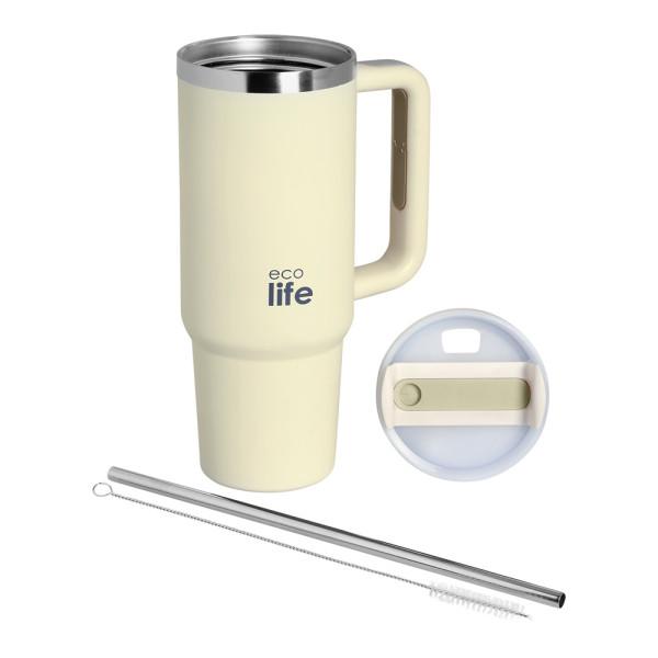 EcoLife Ανοξείδωτο Ποτήρι Θερμός με Καλαμάκι Cream 900ml