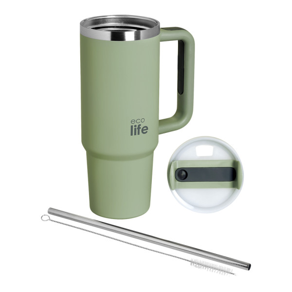 EcoLife Ανοξείδωτο Ποτήρι Θερμός με Καλαμάκι Bay Leaf 900ml