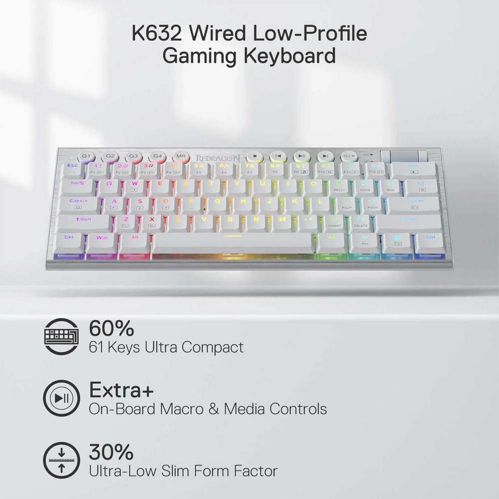 Redragon Horus Mini K632W-RGB PRO Μηχανικό Gaming πληκτρολόγιο Wired / 2.4G / BT (White)