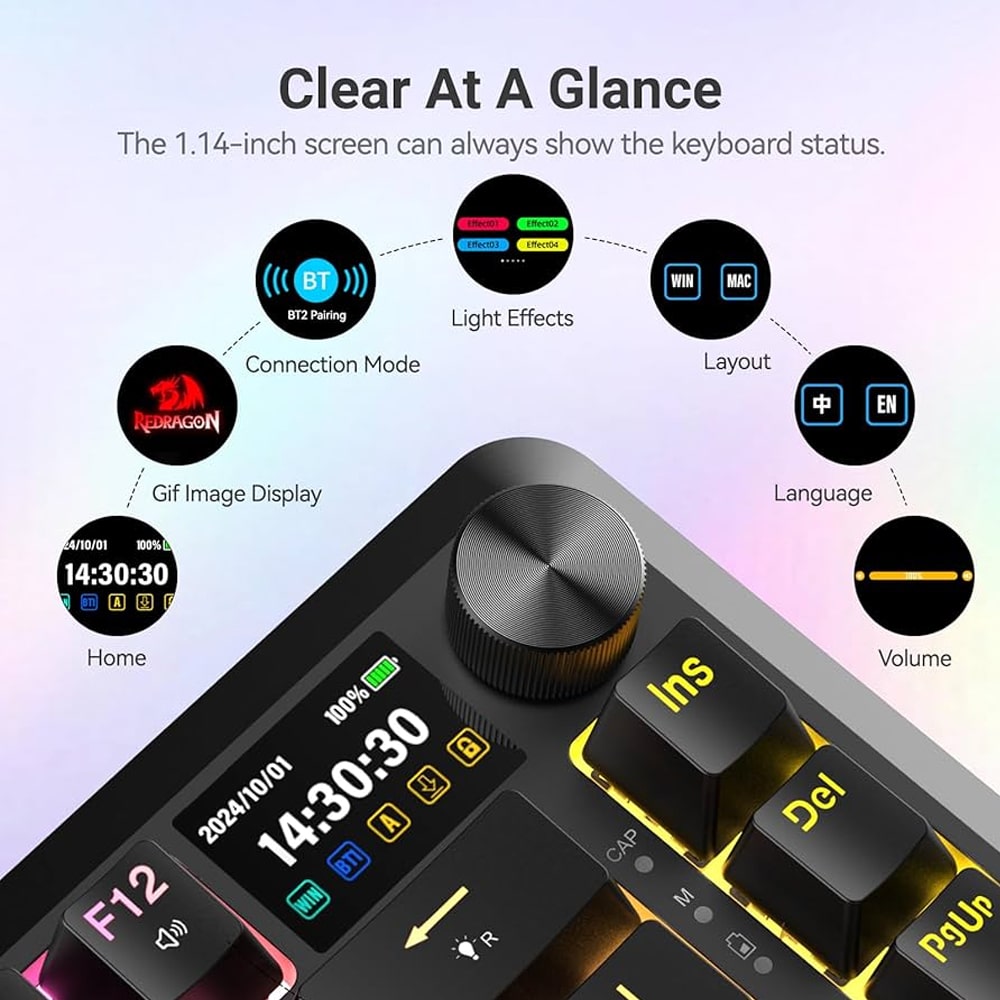 Redragon Flekact K708RGB-PRO Μηχανικό Gaming πληκτρολόγιο Wired / 2.4G / BT, LCD (Black)